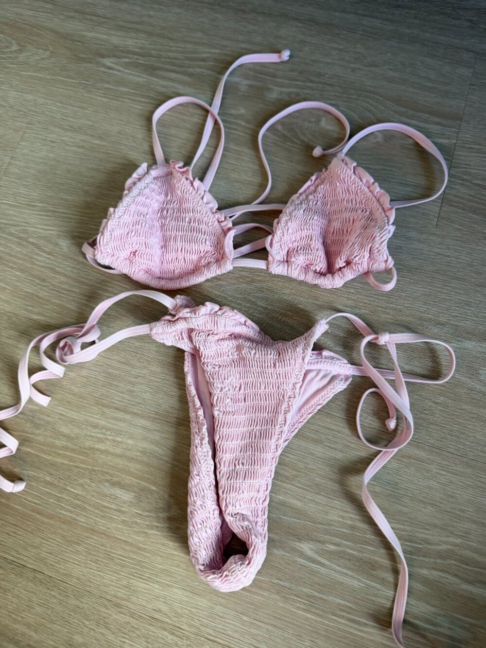 Haute Swimwear Pink Smocked Triangle Bikini Set XS